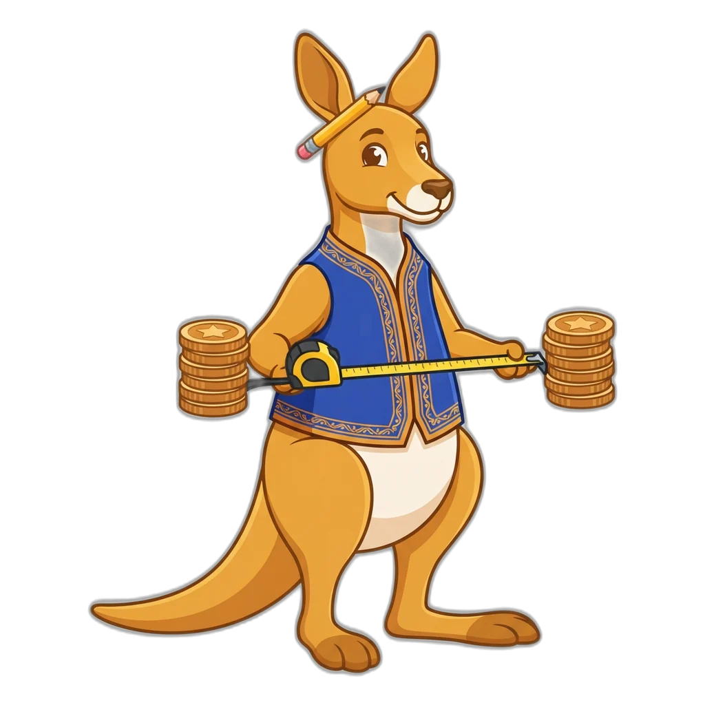 A kangaroo mascot measuring two equal coin stacks, one for Big and one for Small.