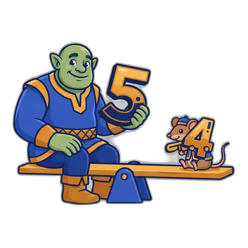 An ogre and a mouse level a seesaw: the even halves of the Big Small game.