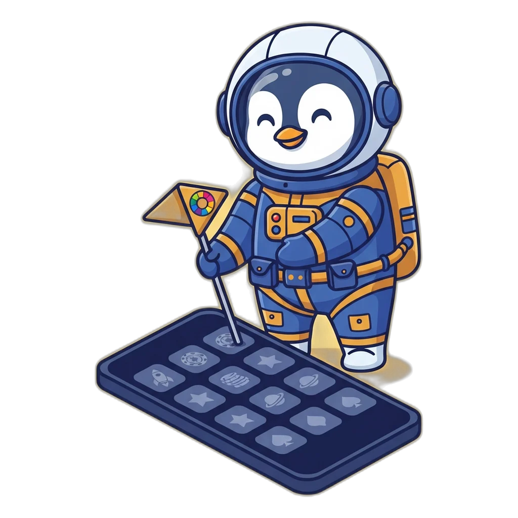 Penguin astronaut planting a flag on a grid of home-screen icons after adding the shortcut
