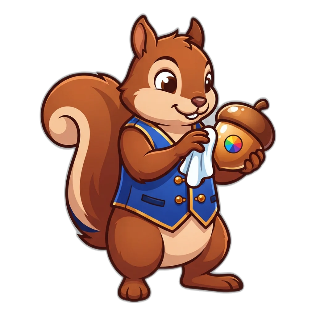 Squirrel polishing an acorn shaped like an app icon, a reminder to keep only trusted shortcuts