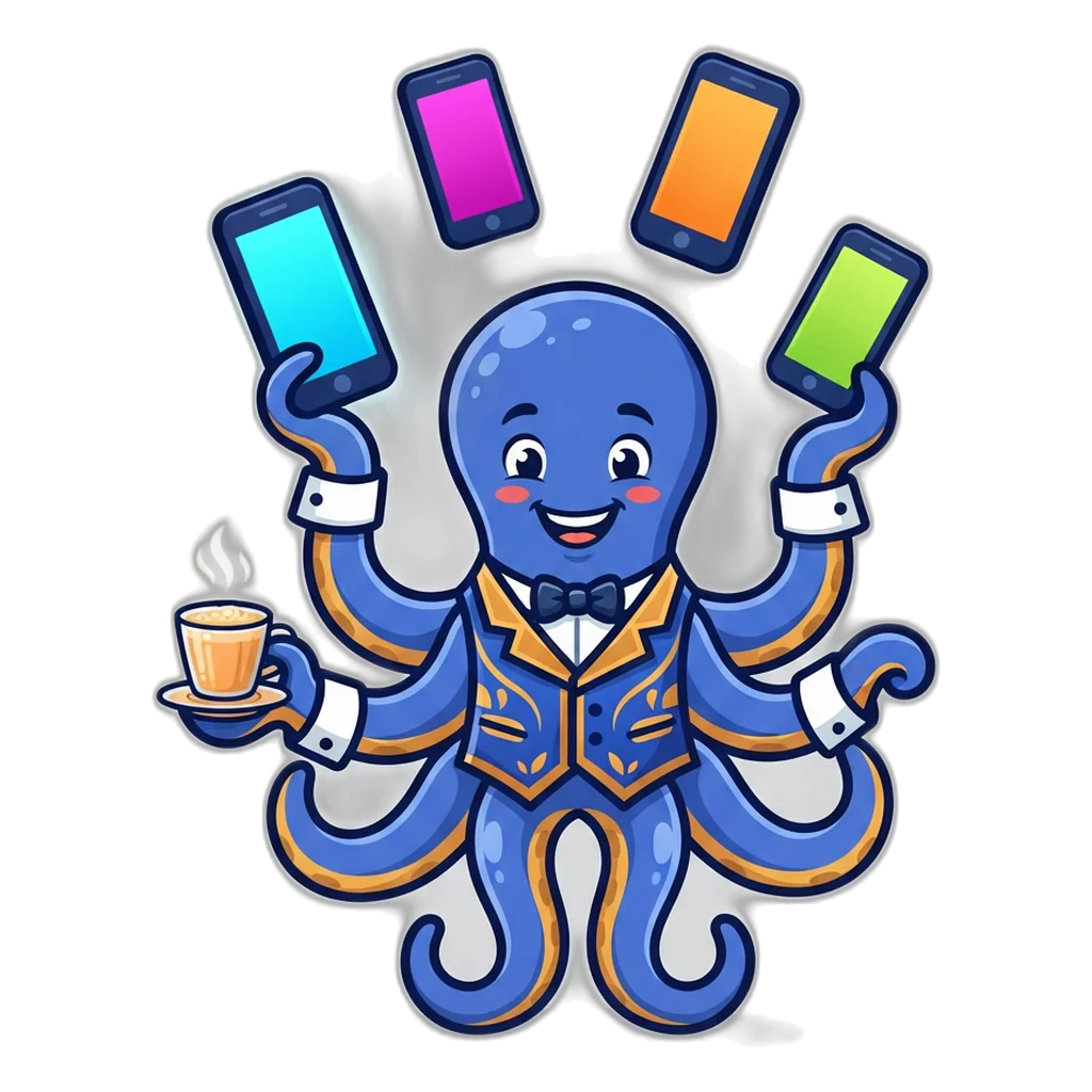 Octopus mascot juggling four phones, a nod to testing a problem across browsers before writing in