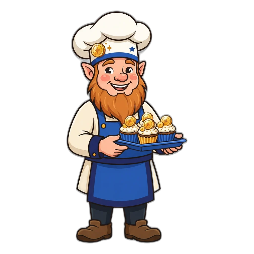 A gnome baker hands out free coin cupcakes: refills need no Club 6E gift code.
