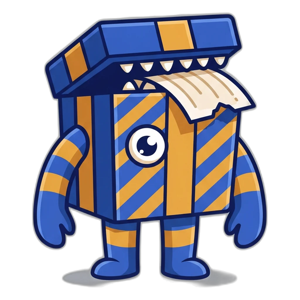 A gift-box monster grins with a torn coupon in its teeth: a code box can bite.