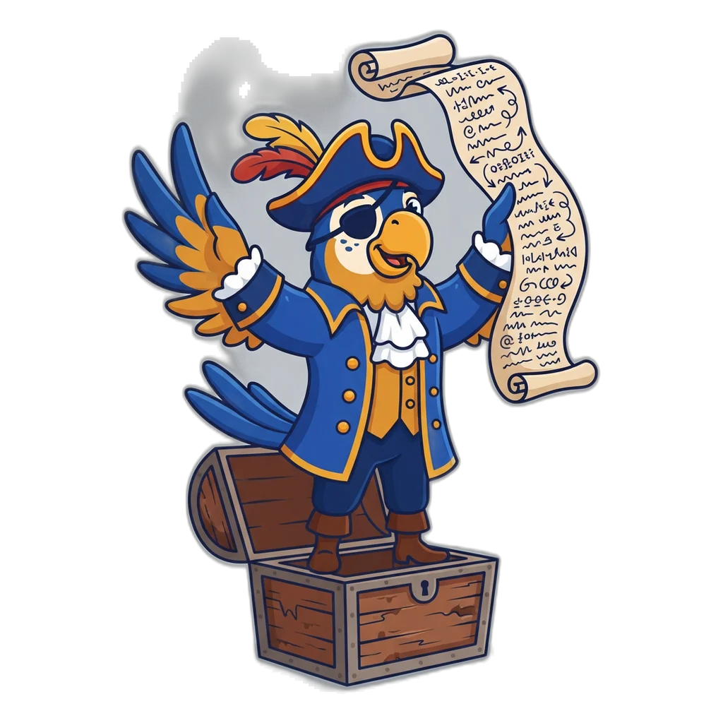A parrot pirate waves a scroll of made-up codes above an empty treasure chest.