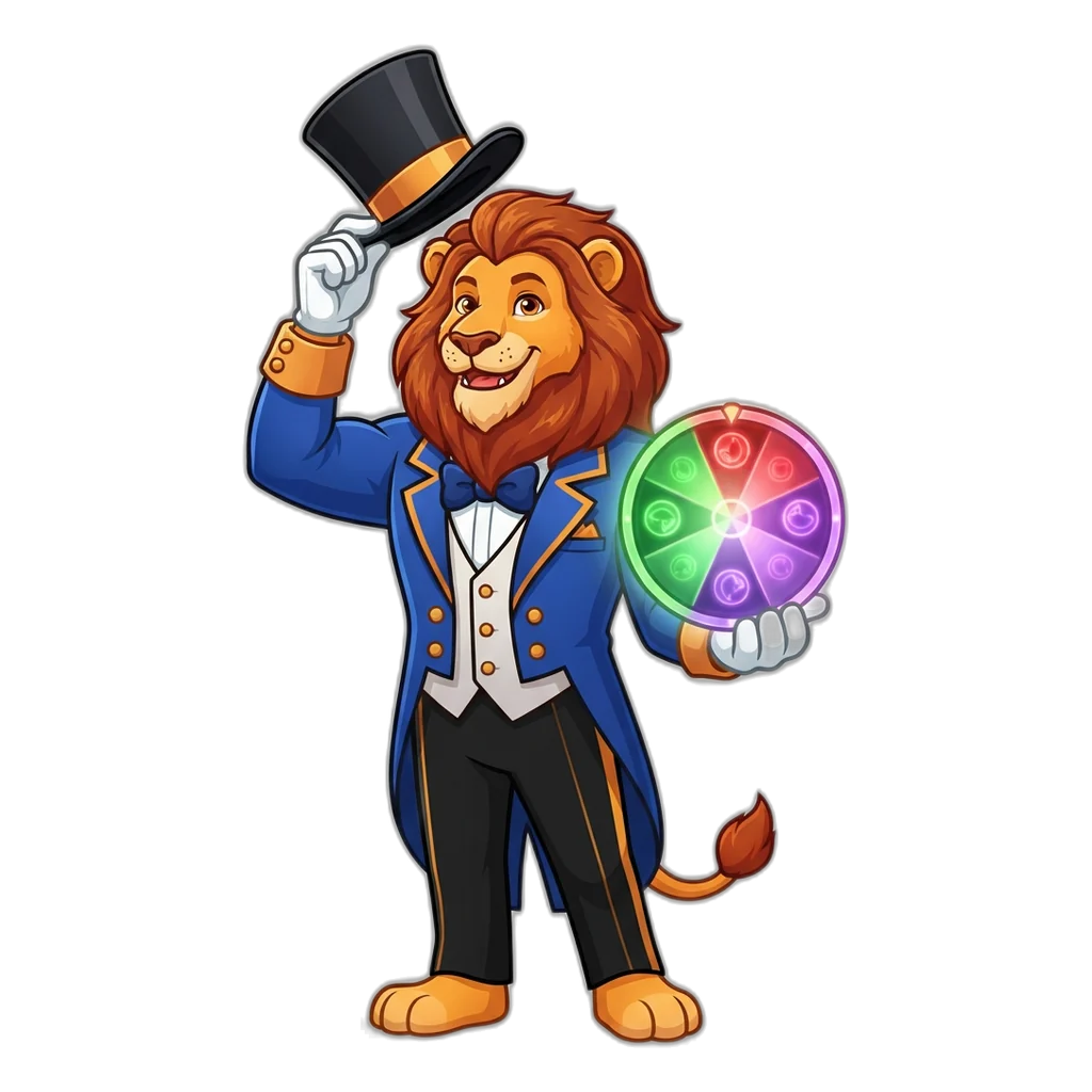 Lion ringmaster in a royal-blue tailcoat welcoming players to the Club 6E colour prediction game