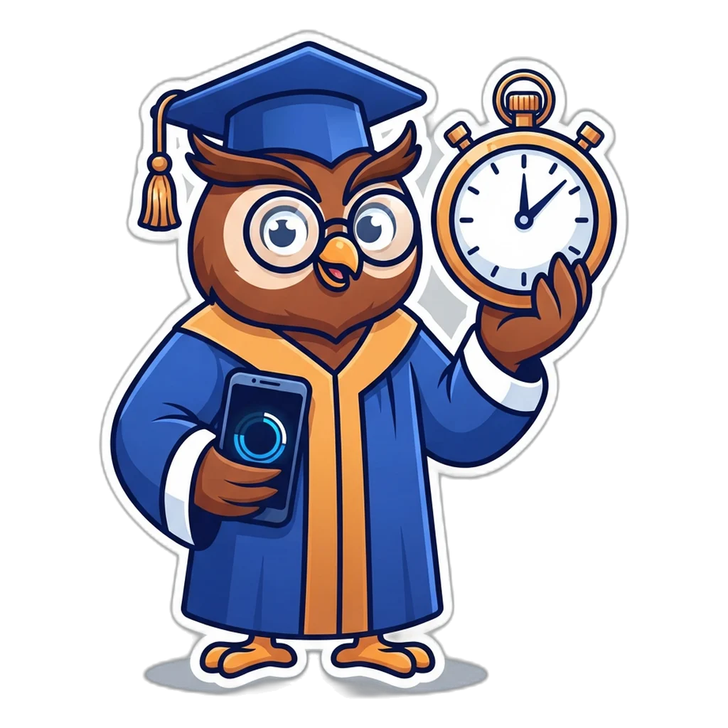 Owl professor holding a stopwatch, a reminder to set a time limit for Club 6E