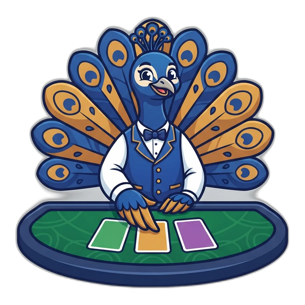 Peacock dealer fanning blue and amber feathers over three pick cards: green, 7 and Big