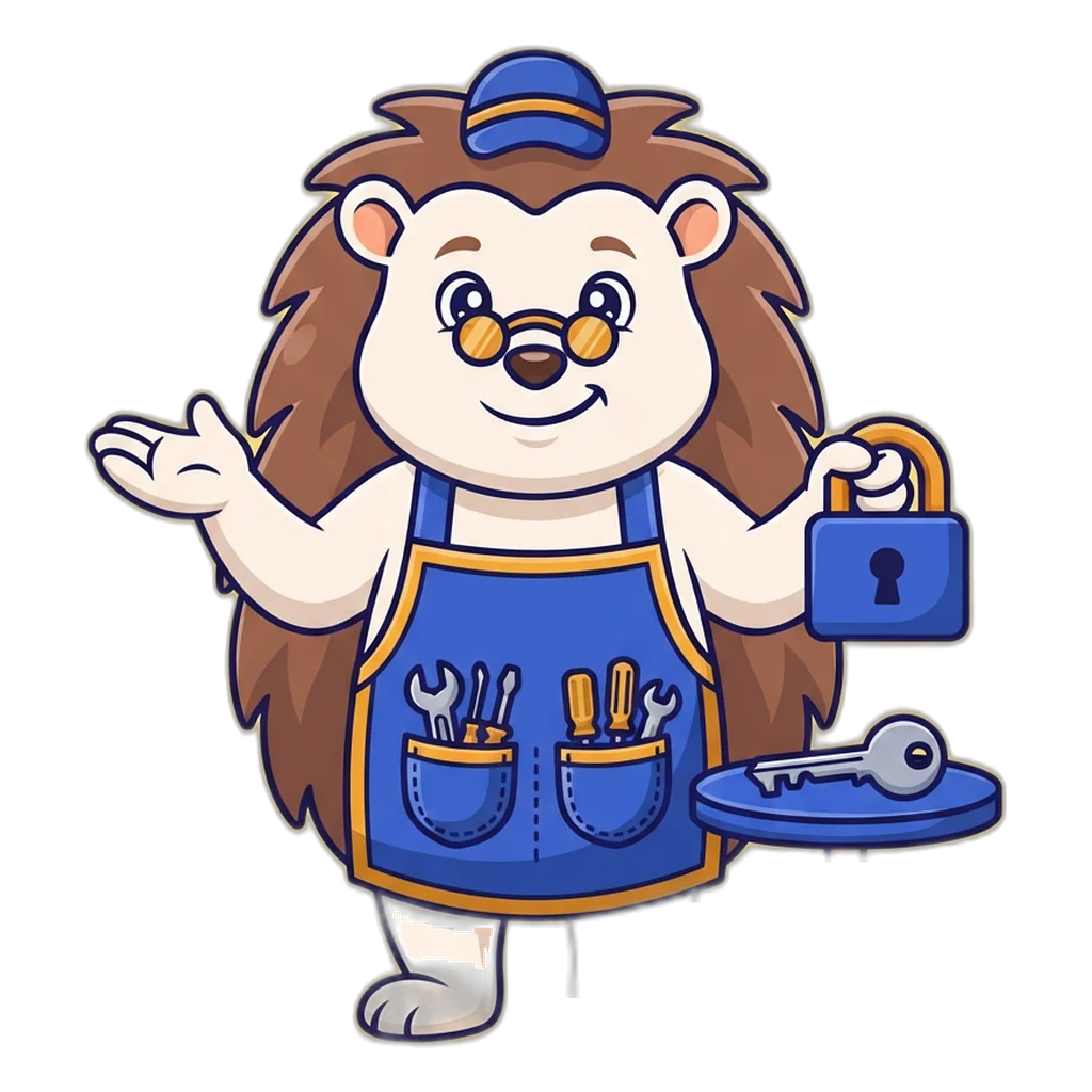 Hedgehog locksmith shrugging at a closed padlock, a reminder that a lost password cannot be reset