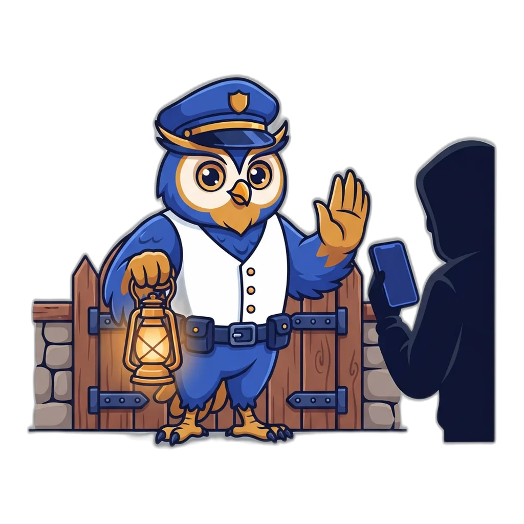Night-watch owl with a lantern at a gate, turning away a stranger asking for an OTP