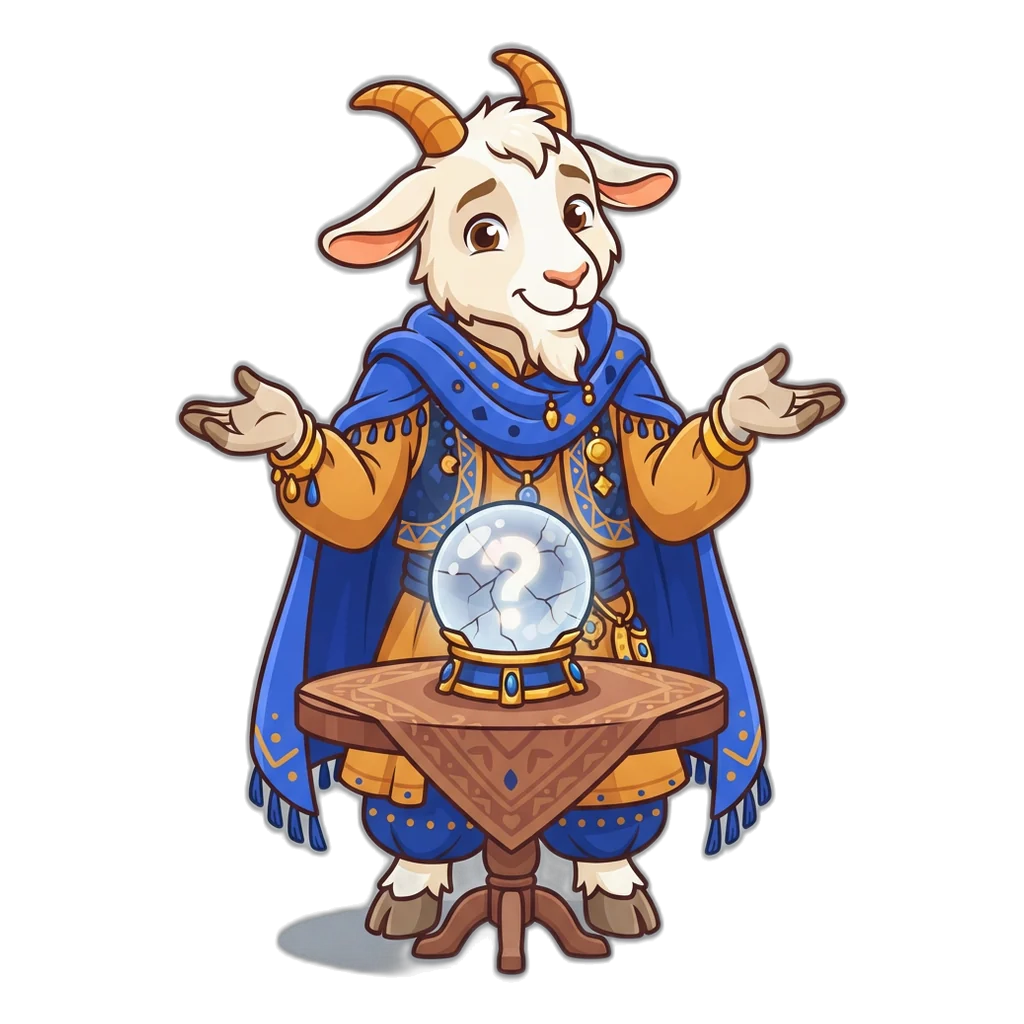 Goat fortune-teller shrugging at a cracked crystal ball: no Club 6E prediction can be read ahead