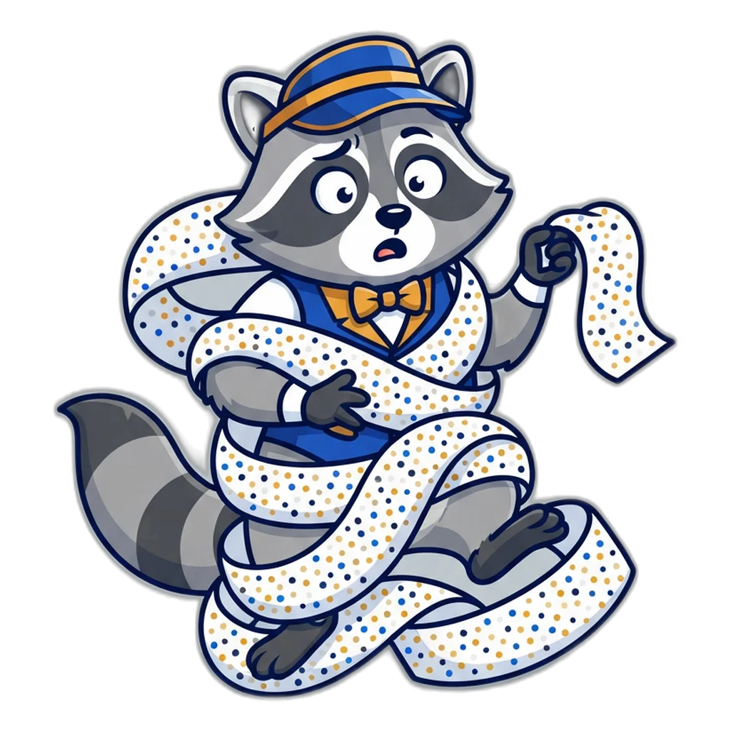 Raccoon tangled in a paper signal scroll of colour calls no truer than a coin flip