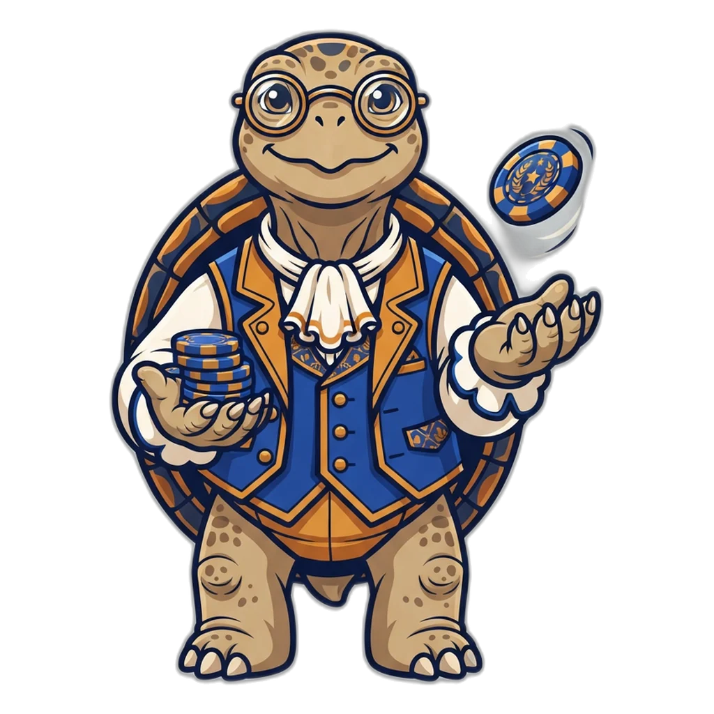 A wise tortoise watches a coin frozen mid-flip, the fair draw behind every round