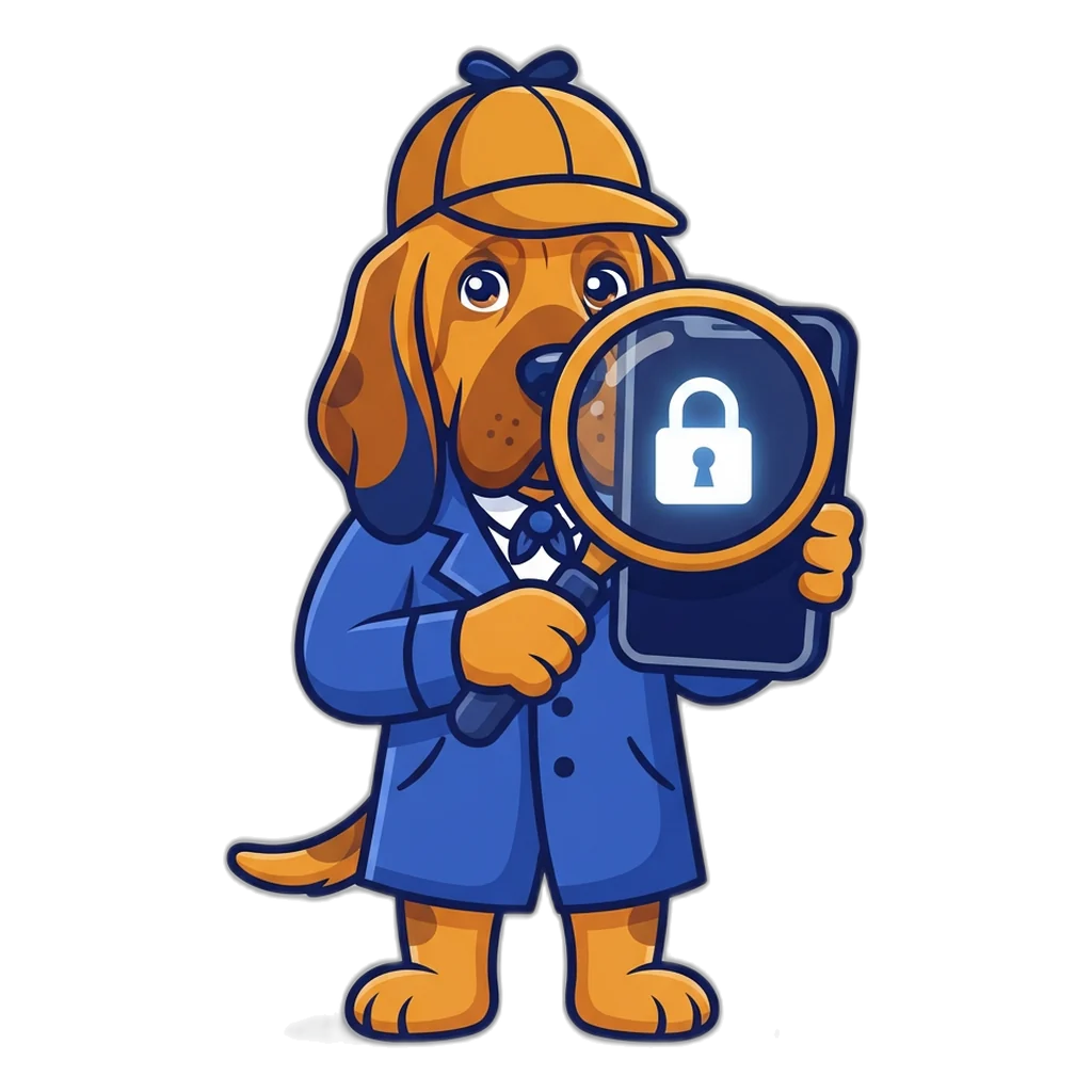 Bloodhound detective inspecting a phone address bar, the first Club 6E real or fake check