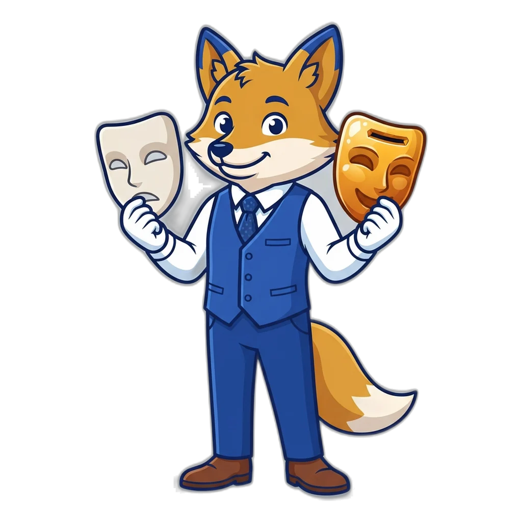 A fox holds a plain mask and a glossy coin-slot mask, the copycat’s disguise