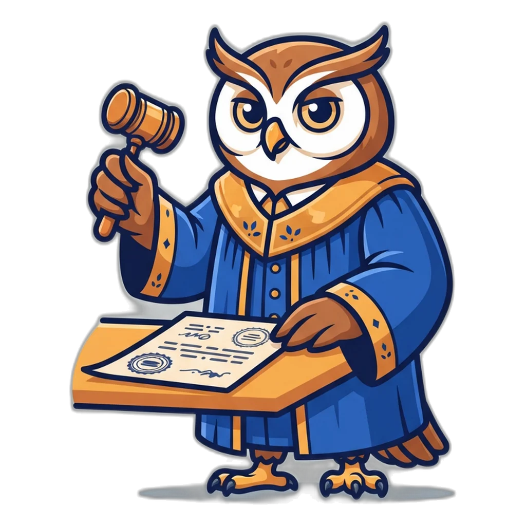An owl judge raises a gavel over a report form for 1930 and the cyber portal