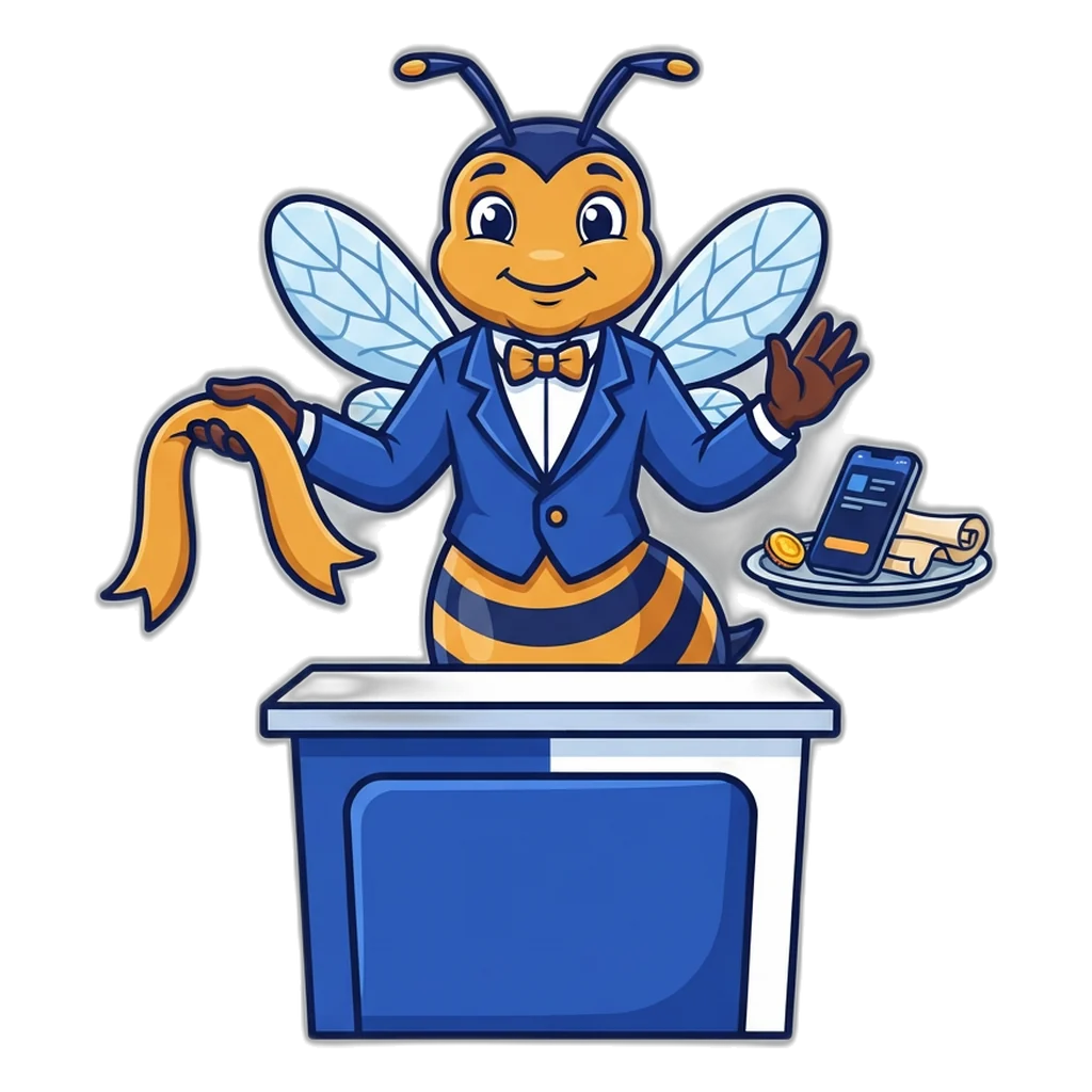 Bee receptionist offering a welcome ribbon while waving away a phone, a coin and a scroll