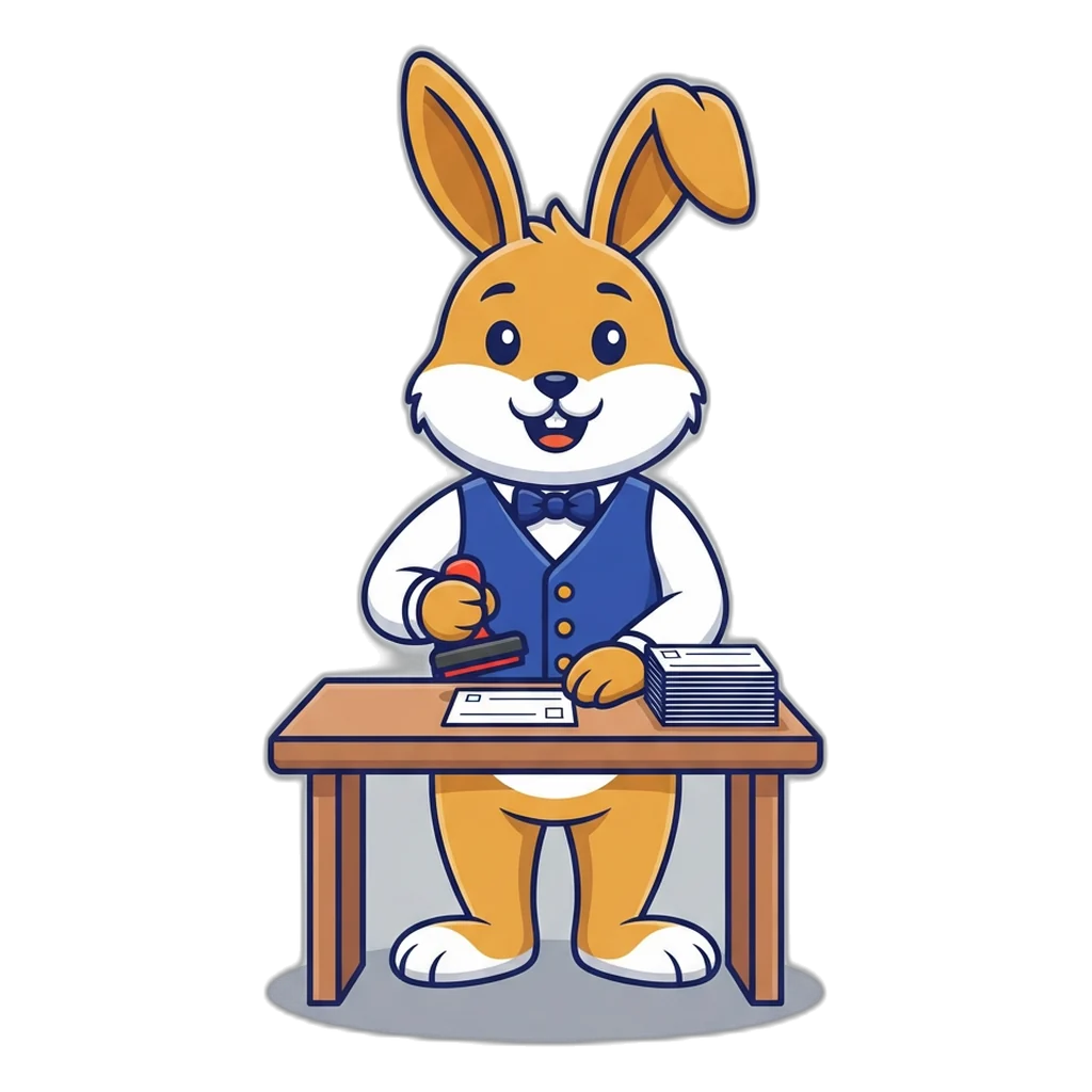 Rabbit clerk stamping a simple membership card, the whole of a Club 6E register sign-up