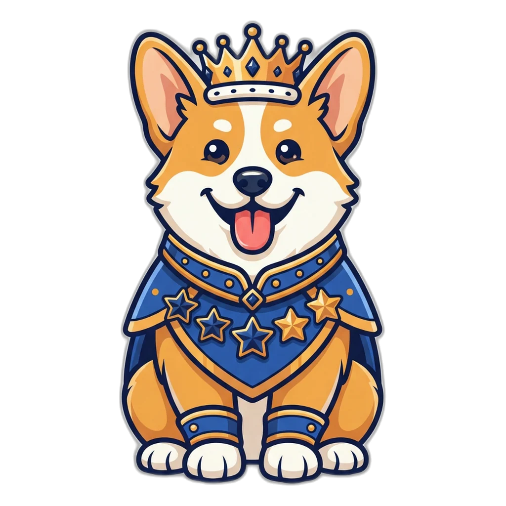 A crowned corgi wears five star badges, the Club 6E VIP levels earned by playing rounds