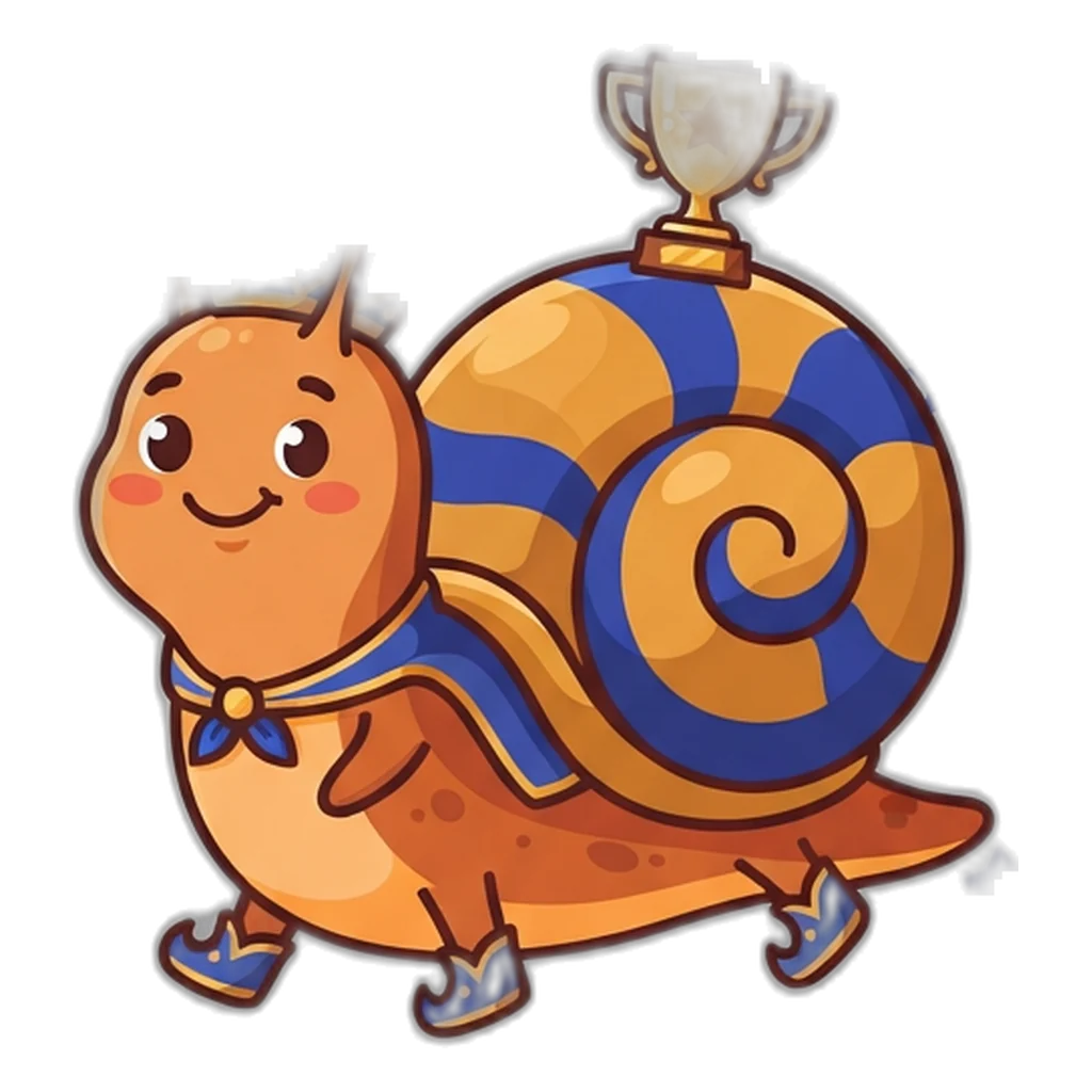A snail proudly carries a tiny trophy along a path of star stickers