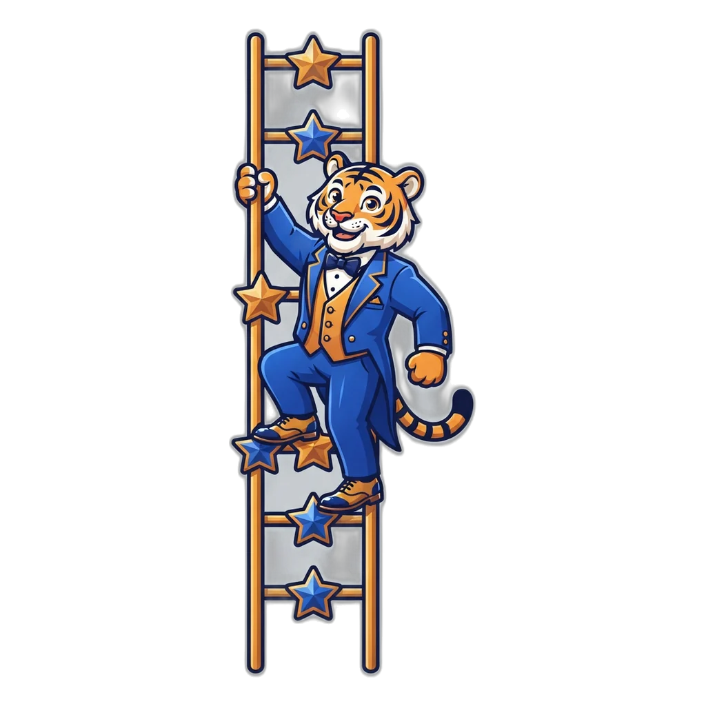 A tiger in a tuxedo climbs a ladder of star badges one rung at a time
