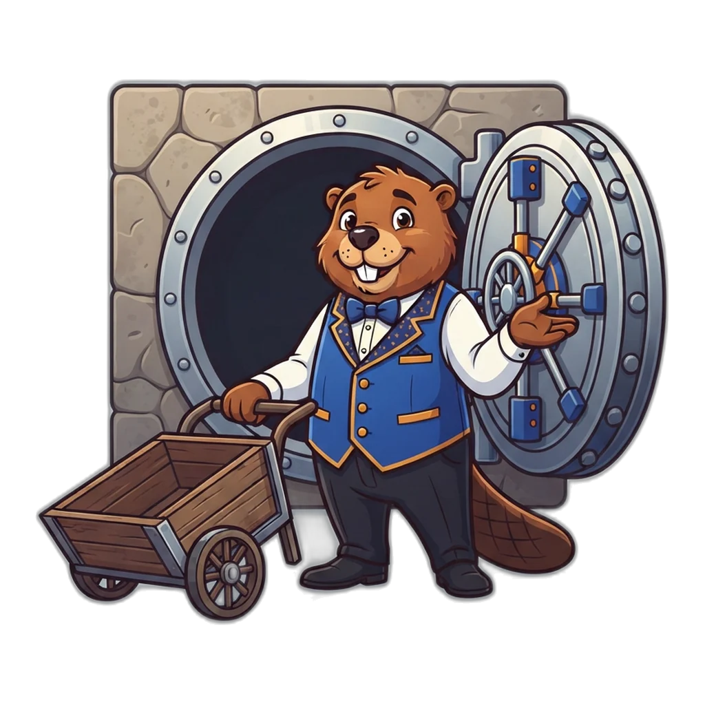 A beaver vault keeper pushes an empty cart: nothing sits behind a Club 6E withdrawal.