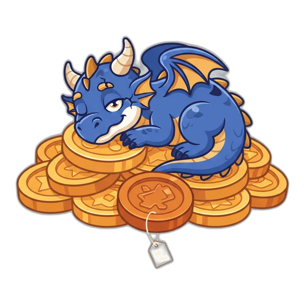 A dragon dozes on a heap of toy coins, the balance a proof screenshot shows.