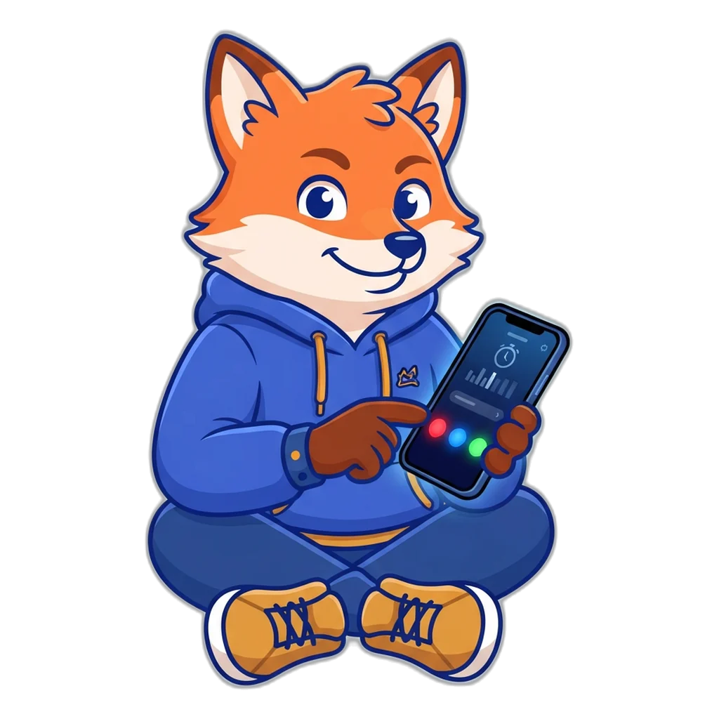 A fox mascot in a blue hoodie tapping a phone showing the round countdown.