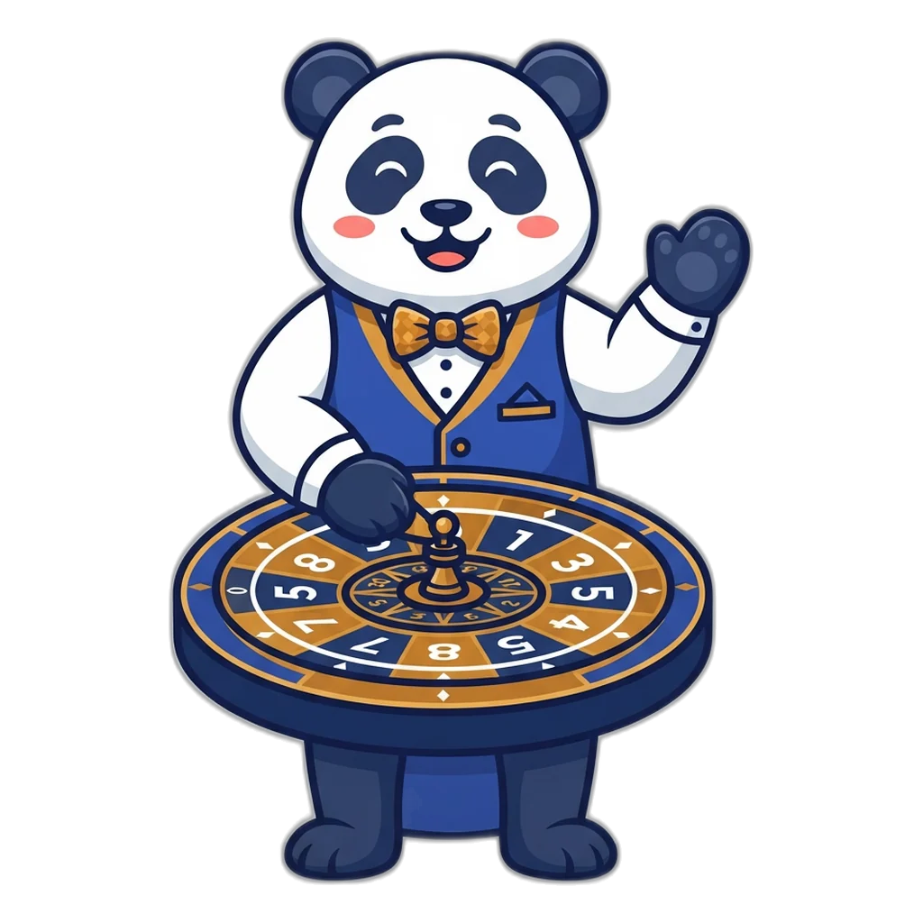 A panda croupier mascot spinning a wheel marked 0 to 9, one digit per round.