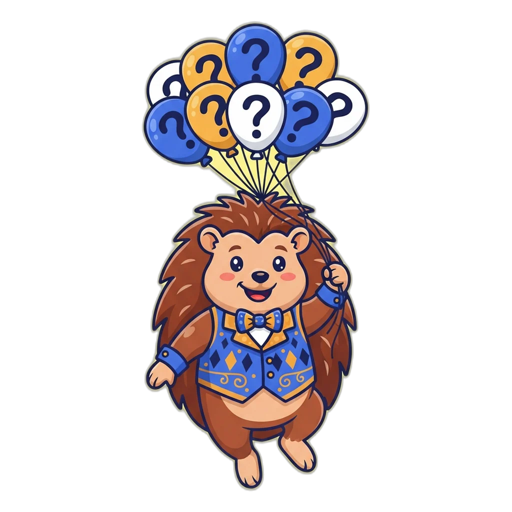 Hedgehog mascot carried along by a bunch of question-mark balloons