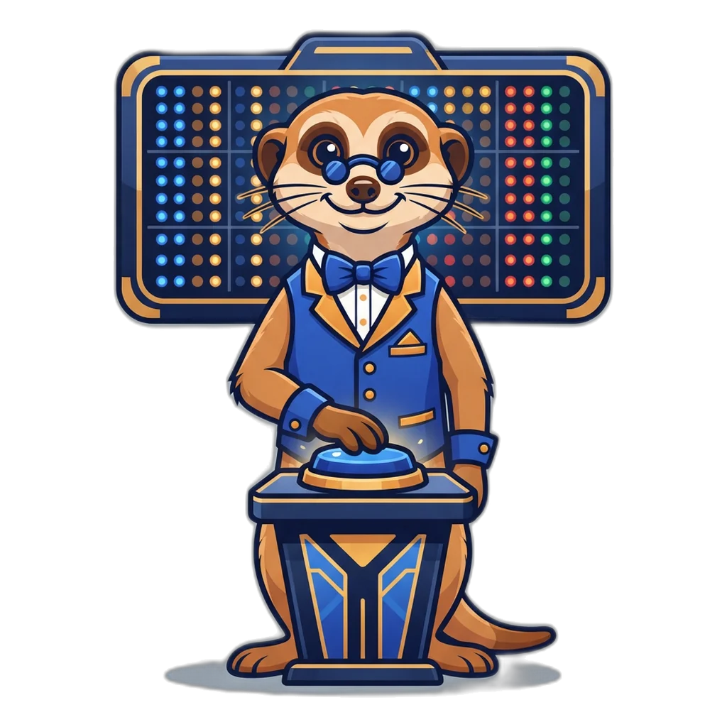 Meerkat quiz host mascot with a buzzer, ready for the next question