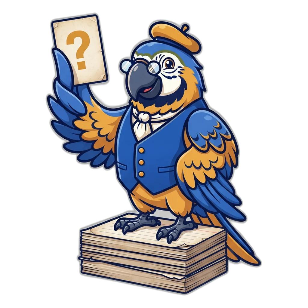 Parrot librarian mascot sorting a stack of answer cards for the Club 6E FAQ