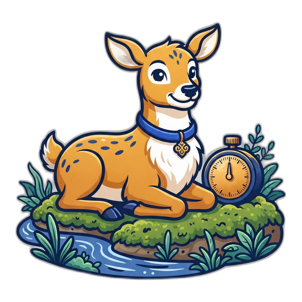 A deer rests by a stream beside a timer that marks the end of a break