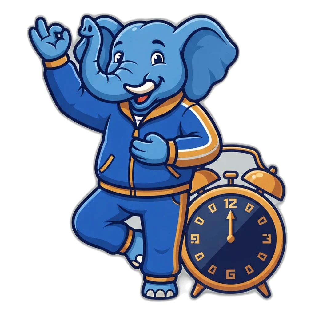 An elephant holds a yoga pose beside an alarm clock, a responsible gaming timer habit